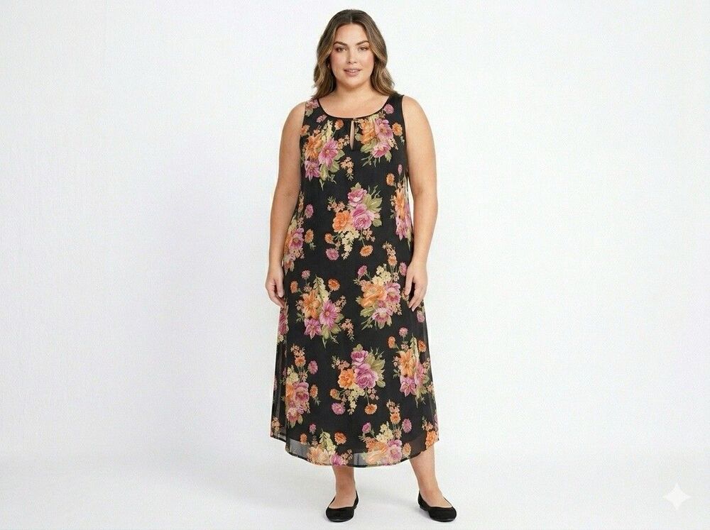 Vintage 90s Whimsigoth Silk Maxi Dress Dark Floral Romantic Boho Keyhole 16W‎